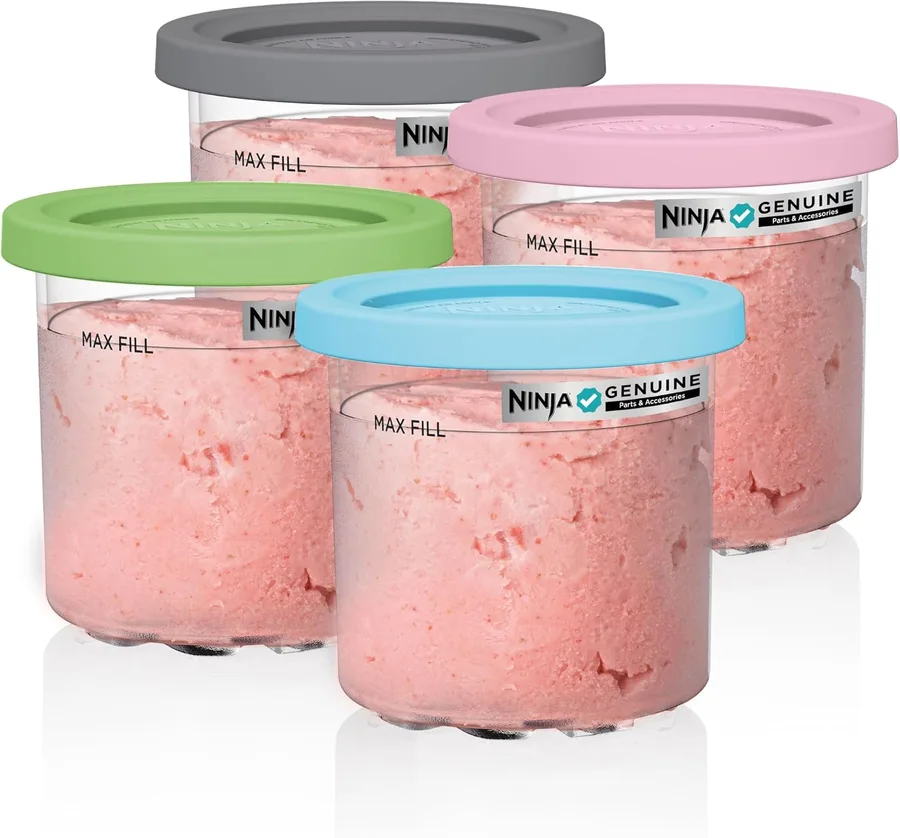 Ninja CREAMi Original Pints 4 Pack, Compatible with NC299AMZ and NC300s Series Ice Cream Makers, BPA-Free and Dishwasher Safe, Clear, Grey, Lime, Pink, Aqua, XSKPLD4BCD | Original Ninja® CREAMi® 4 Pack Pints with Storage Lids in Aqua, Lime, Pink, and Gray.Compatible with NC300 and NC350 Series.