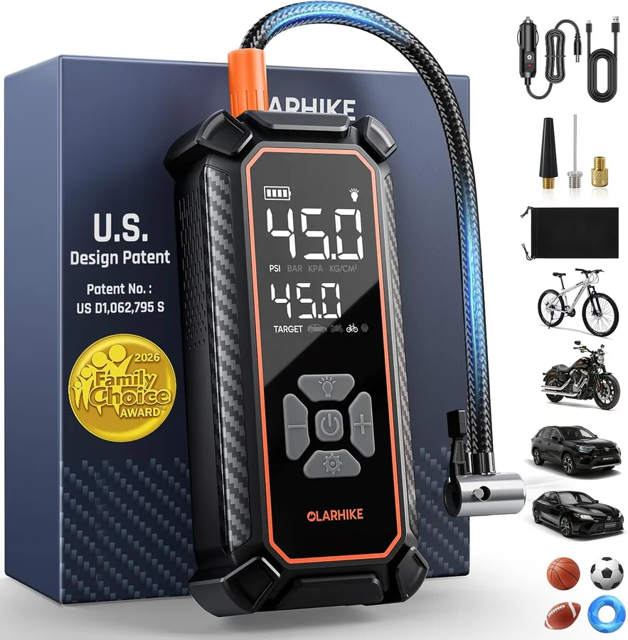 OlarHike Cordless Tire Inflator Portable Air Compressor, 150 PSI Bike Pump | Battery Power, LED Light & Digital Pressure Gauge, Air Pump for Car Tires, Motorcycle, Bicycle, Ball