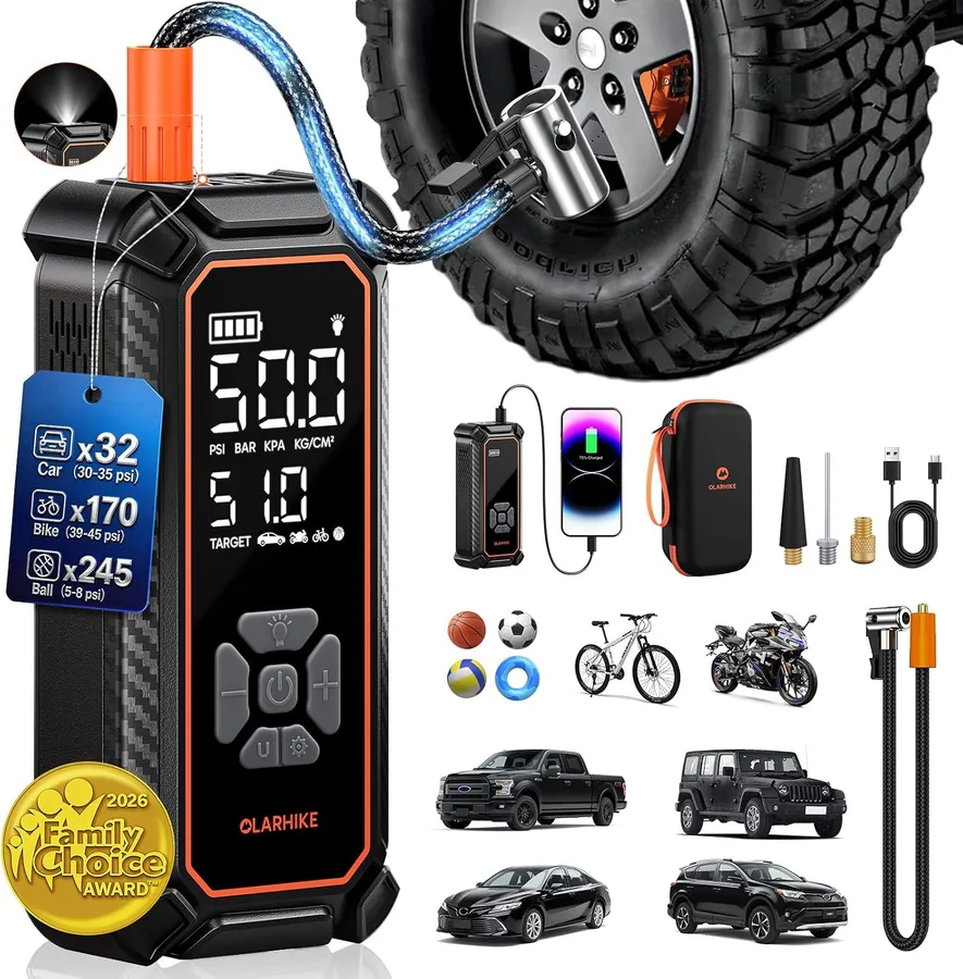 OlarHike Tire Inflator Portable Air Compressor, 3X Fast Inflation, 4 * 3000mAh | Powerful Battery, Cordless air pump for Car Tires, Off-road Vehicle, Pickups, SUVs, Digital Pressure Gauge/Auto Shuttoff