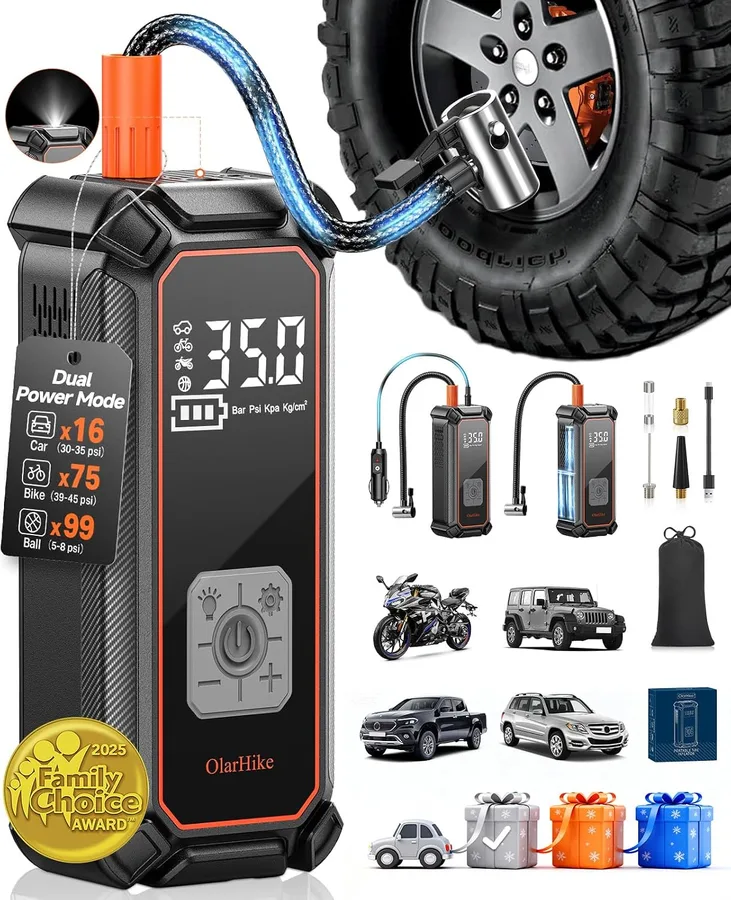 OlarHike Tire Inflator Portable Air Compressor, Dual Power: 3 * 1800mAh & 12V DC | Auto Shut-off, Cordless Air Pump for Car Tires, Bikes, Balls with LED & Digital Pressure Gauge