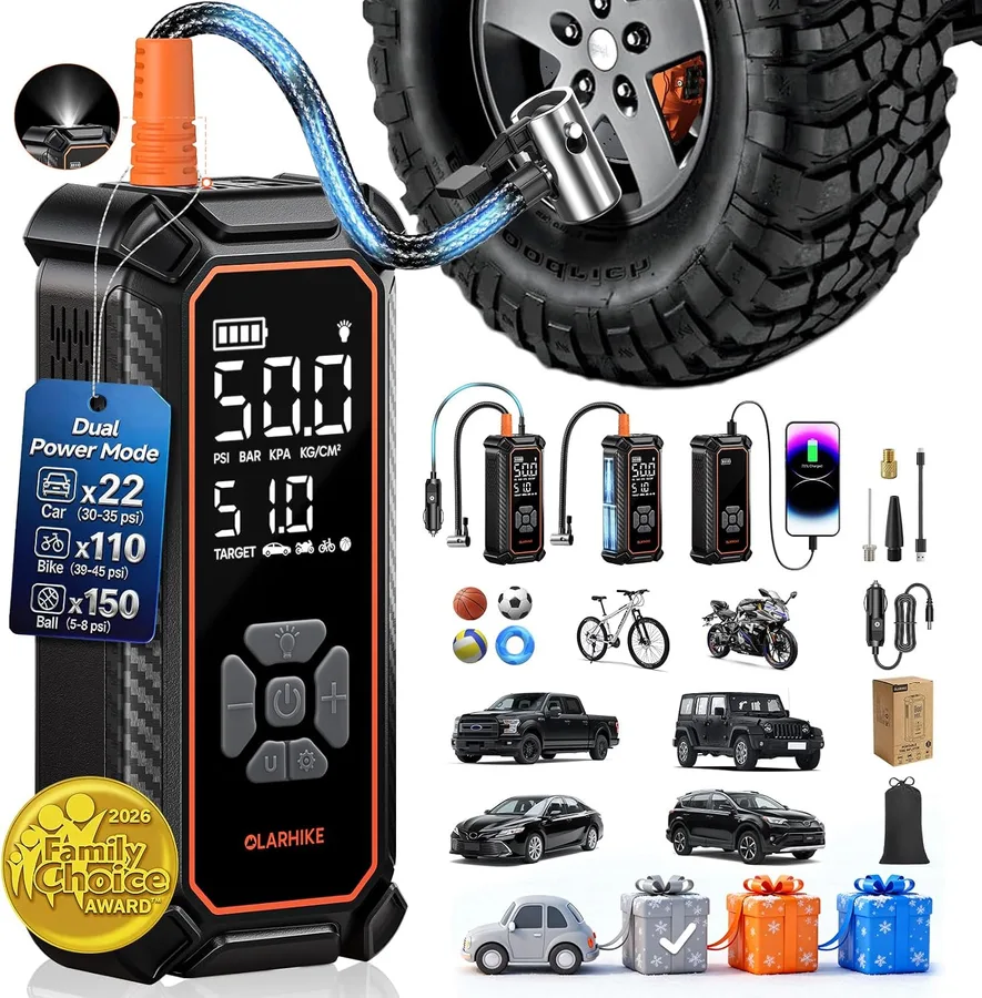 OlarHike Tire Inflator Portable Air Compressor, Dual Power - 3 * 2500mAh, Cordless Air Pump for Car Tires, Bikes, Motorcycle, Balls with LED & Digital Pressure Gauge, Auto Shut-off