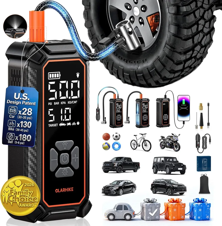 OlarHike Tire Inflator Portable Air Compressor, Dual Power-3 * 3000mAh & 12V DC | Ultra Fast Inflation, For Car Tires, SUVs, Pickup Trucks, Bikes, Cordless Electric Pump, LED Light & Digital Pressure Gauge