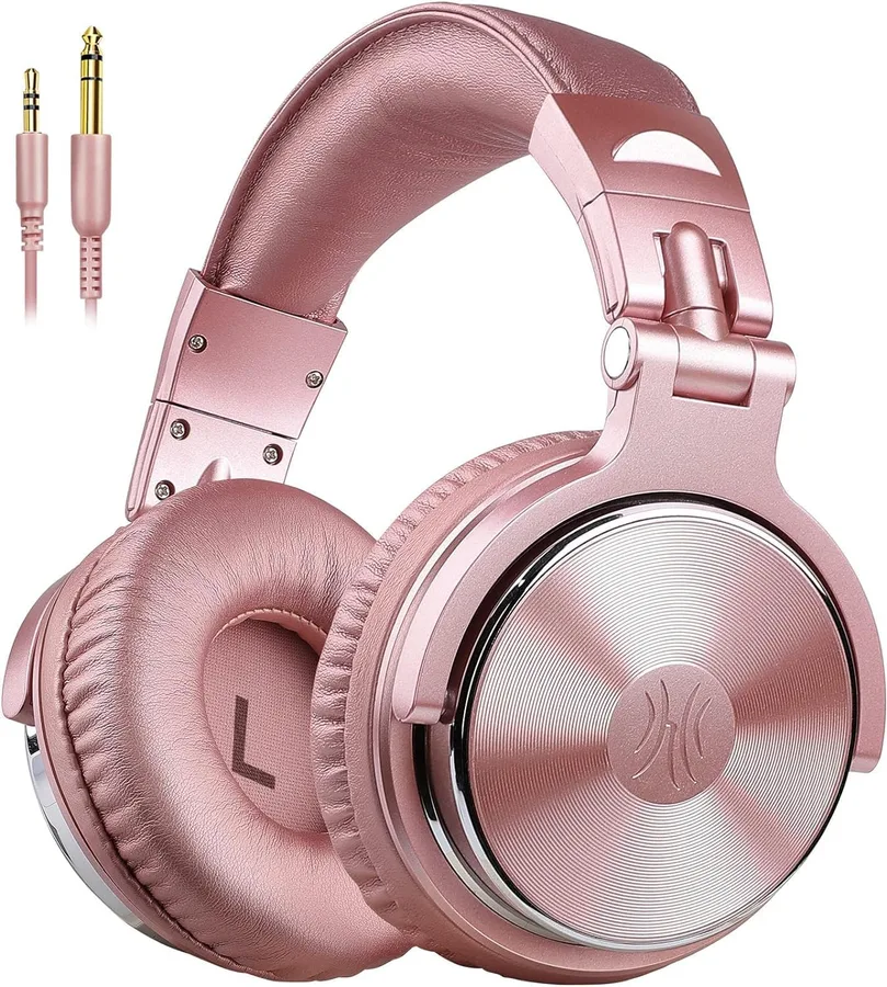 OneOdio Wired DJ Hi-Res Over-Ear Headphones for PC, Keyboard Guitar - Pink | headphone with 50mm drivers, dual 3.5mm and 6.35mm jacks for studio monitoring, recording, podcasting, mixing and DJ use.