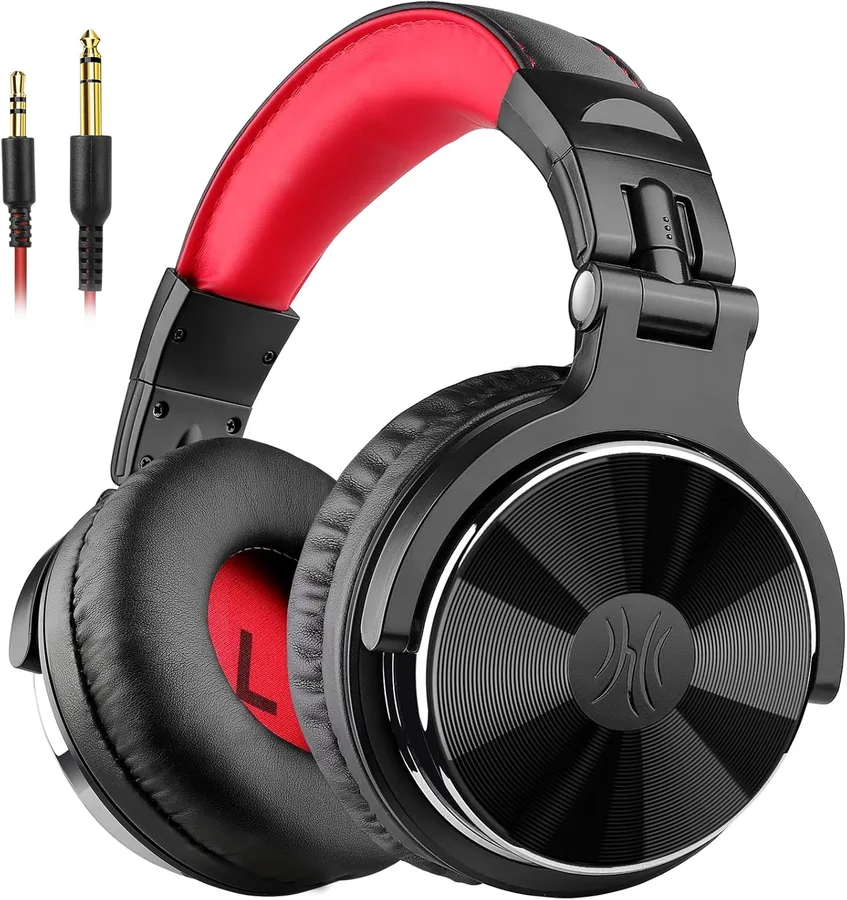 OneOdio Wired DJ Hi-Res Over-Ear Headphones for PC, Keyboard Guitar - Red | headphone with 50mm drivers, dual 3.5mm and 6.35mm jacks for studio monitoring, recording, podcasting, mixing and DJ use.