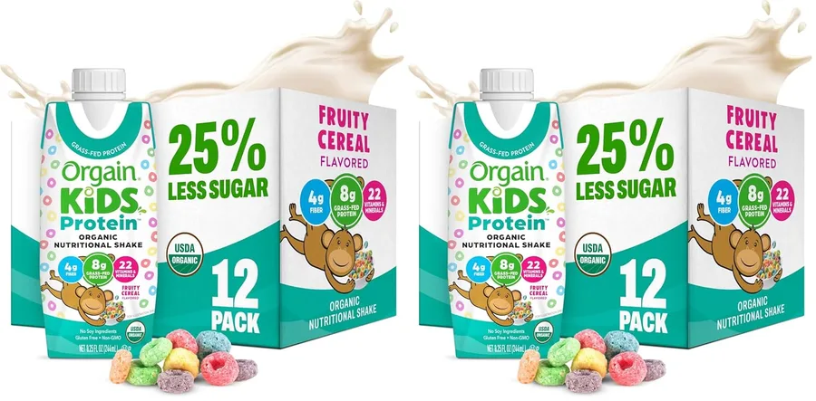 Orgain Organic Kids Nutritional Protein Shake,Fruity Cereal - Kids Snacks with 8g Dairy Protein,22 Vitamins & Minerals,Fruits & Vegetables,Gluten Free,Soy Free,Non-GMO,8.25 Fl Oz,(Pack of 24)