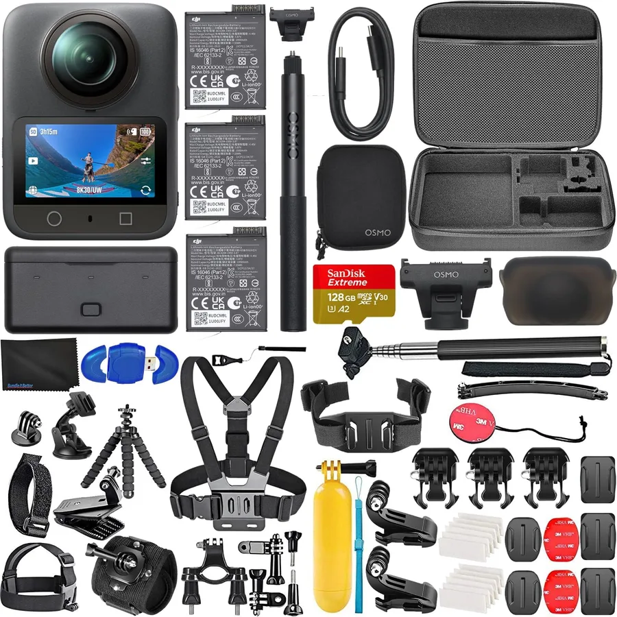 Osmo 360 Adventure Combo, 360 Camera with 1-Inch 360° Imaging, Extended Battery Life with 3 Batteries, Native 8K 360° Video Bundle with 128GB Memory, Card Reader + 50 Piece Accessory Kit