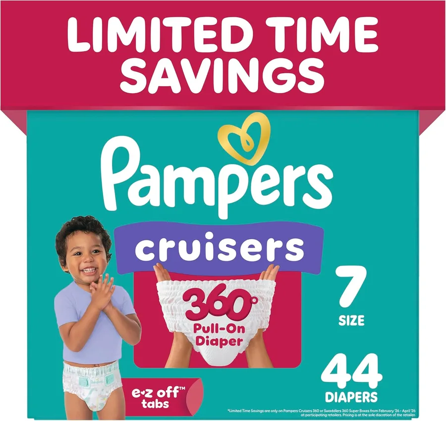 Pampers Diapers - Cruisers 360 - Size 7, 44 Count, Babyproof up to 100% Leakproof Pull-On Diaper