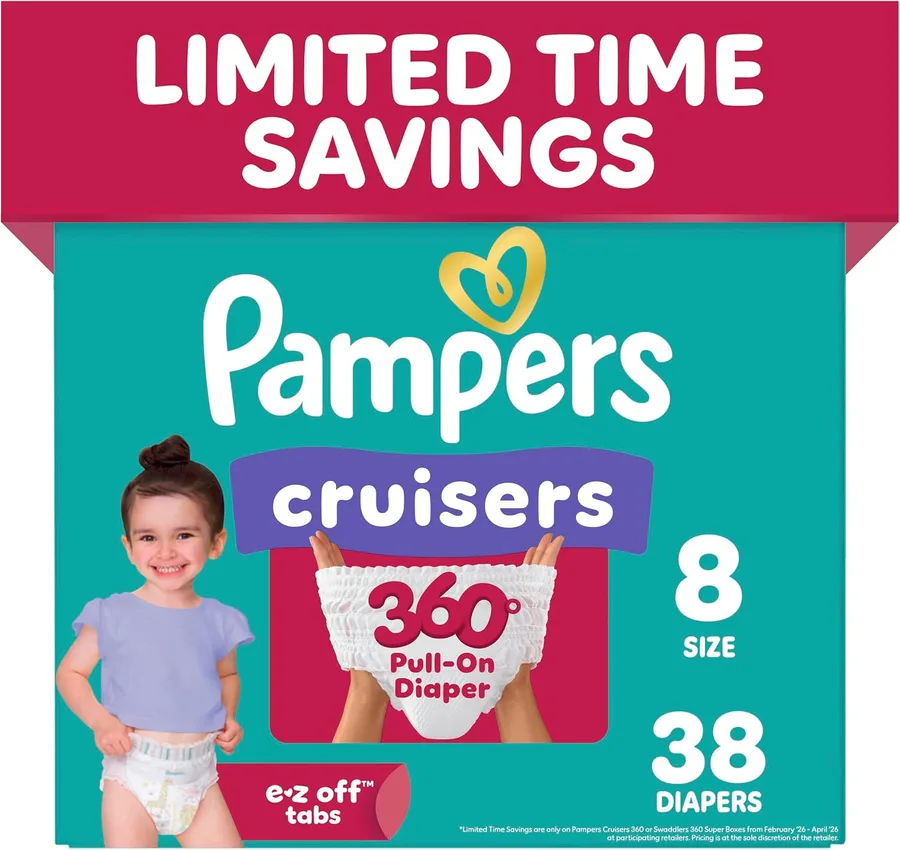 Pampers Diapers - Cruisers 360° - Size 8, 38 Count, up to 100% Leakproof Fit, Designed for Active Babies, Pull On Diaper