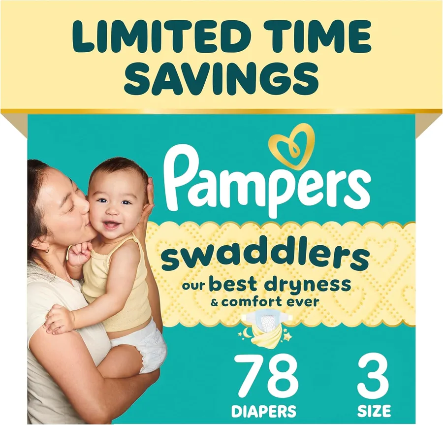 Pampers Swaddlers Diapers, Size 3 (13-26 lbs), 78 Count, Fragrance Free, Hypoallergenic, Absorbent, Pediatrician Recommended, Skin Safe
