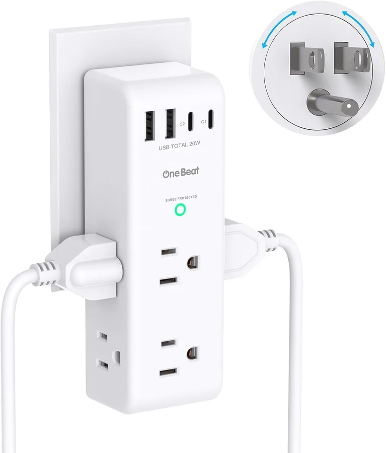 PD 20W Surge Protector Outlet Extender, Rotating Plug, One Beat 6 AC Multi Plug Outlet with 4 USB Ports (2 USB C), 1800J, 3-Sided Swivel Power Adapter with Spaced Outlet Splitter for Home Office Dorm