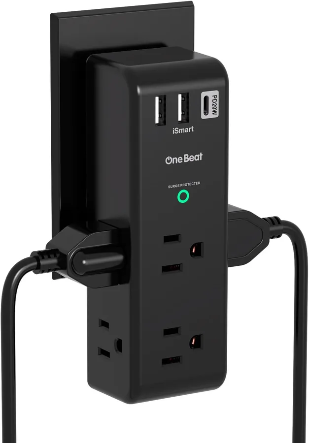 PD20W Surge Protector Outlet Extender - Rotating Plug, One Beat 6 AC Multi Plug Outlet with 3 USB Ports (1 USB C), 1800J Wall Charger, 3-Sided Power Adapter with Spaced Outlet Splitter for Home Office