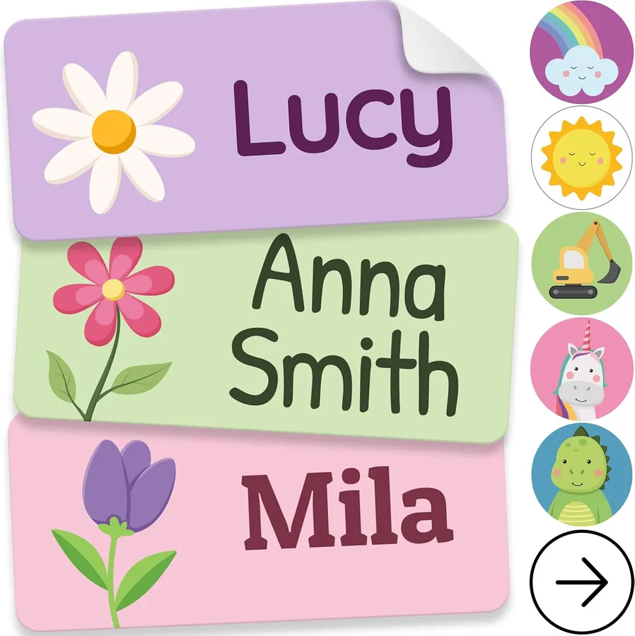 Personalized Name Labels for Kids (70 Labels) - Durable & Waterproof Custom Name Stickers for Clothing Tags, School Supplies, Camp & Daycare - Flowers (1.2”x0.5”)