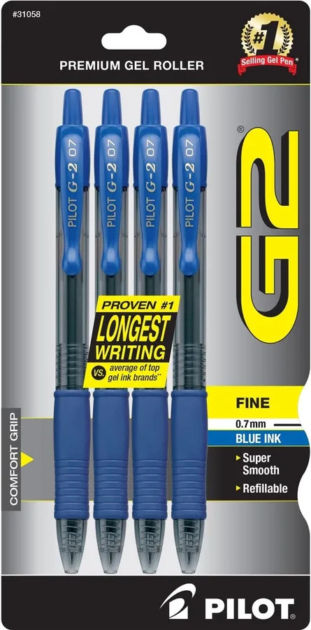 PILOT G2 Premium Gel Roller Pens, Blue Ink Pens Fine Point, Pack of 4