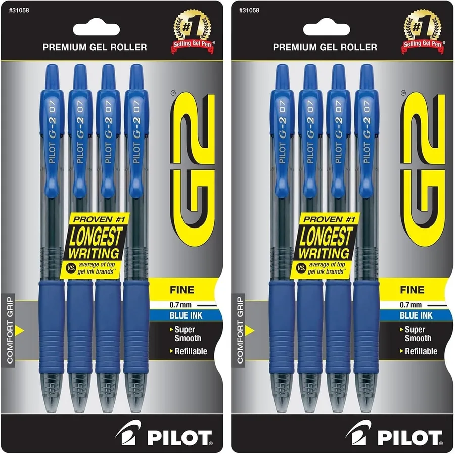 PILOT G2 Premium Gel Roller Pens,Fine Point 0.7 mm,Blue Ink Pens Fine Point,- Ideal for School,Journaling,and Office Writing,4 Count (Pack of 2)