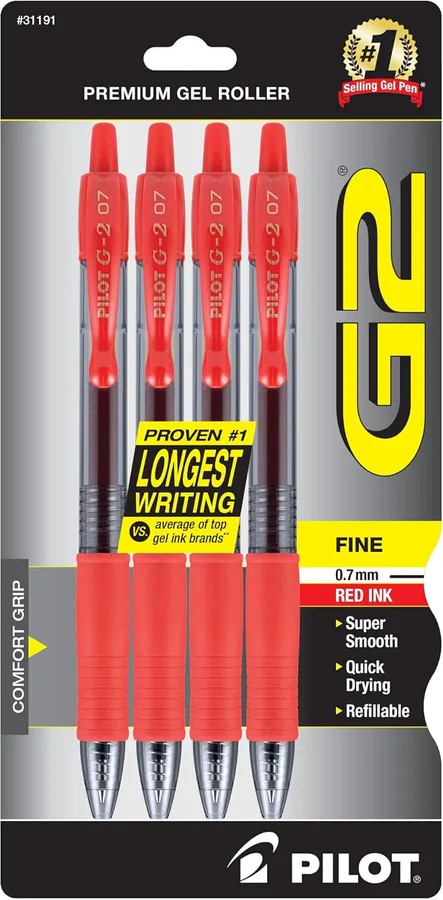 PILOT G2 Premium Gel Roller Pens, Fine Point 0.7 mm, Red Pens, Pack of 4