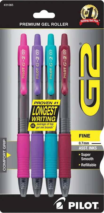 PILOT G2 Rolling Ball Gel Pens, Purple/Pink/Turquoise/Burgundy Inks, 4-Pack