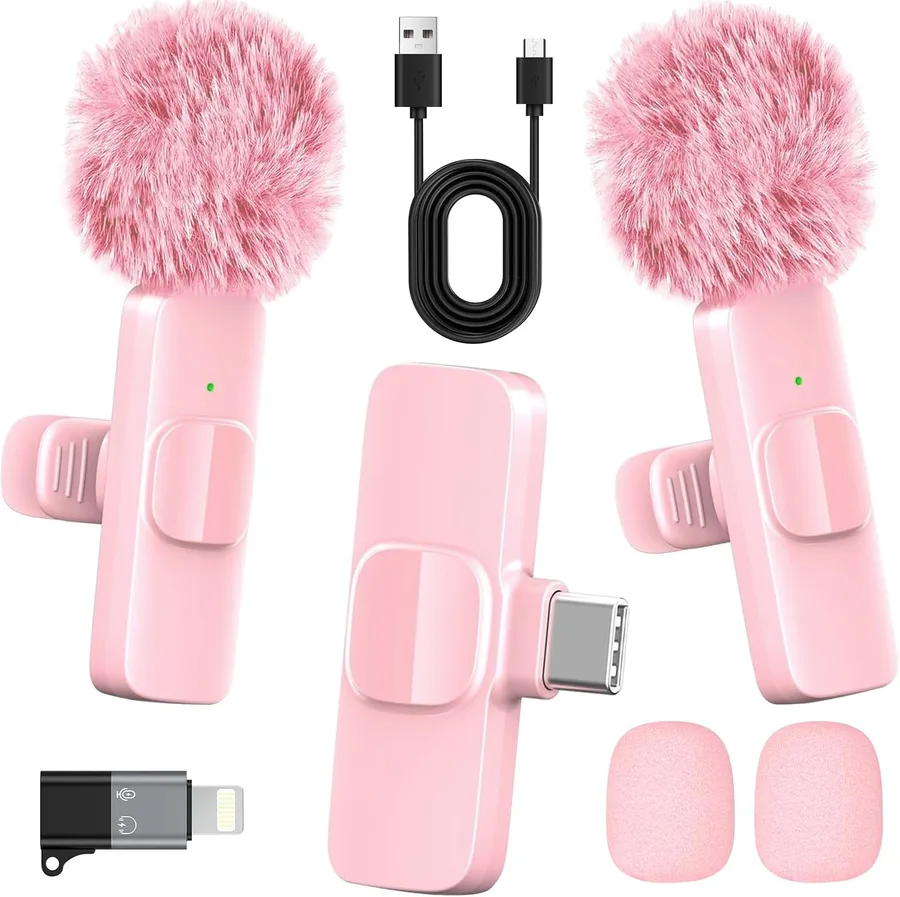 Pink Wireless Lavalier Microphone for iPhone & Android - Mini Clip-On Mic with Noise Cancellation, 65ft Range, 8H Battery, USB-C/Lightning - for TikTok, YouTube, Podcast, Live Streaming