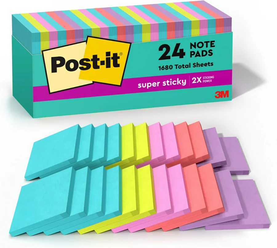 Post-it Super Sticky Notes, 3 x 3 in, Supernova Neons, 24 Pads | School Supplies and Oﬃce Supplies, 2X the Sticking Power