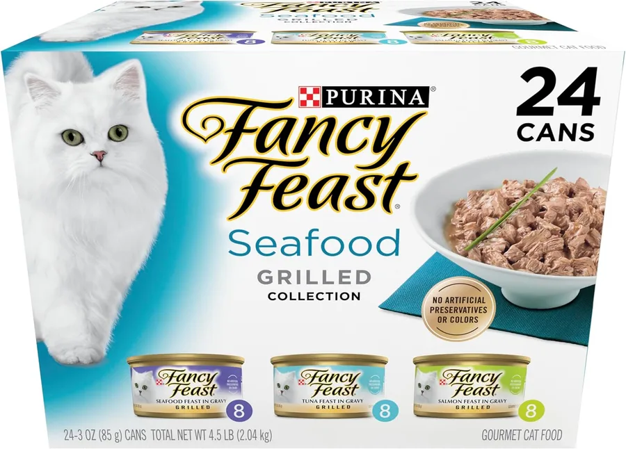 Purina Fancy Feast Grilled Seafood Wet Cat Food, 3 oz Cans, 24-Pack | Variety Pack, crafted with real seafood in savory gravy. Made with no Artificial Colors or Preservatives.
