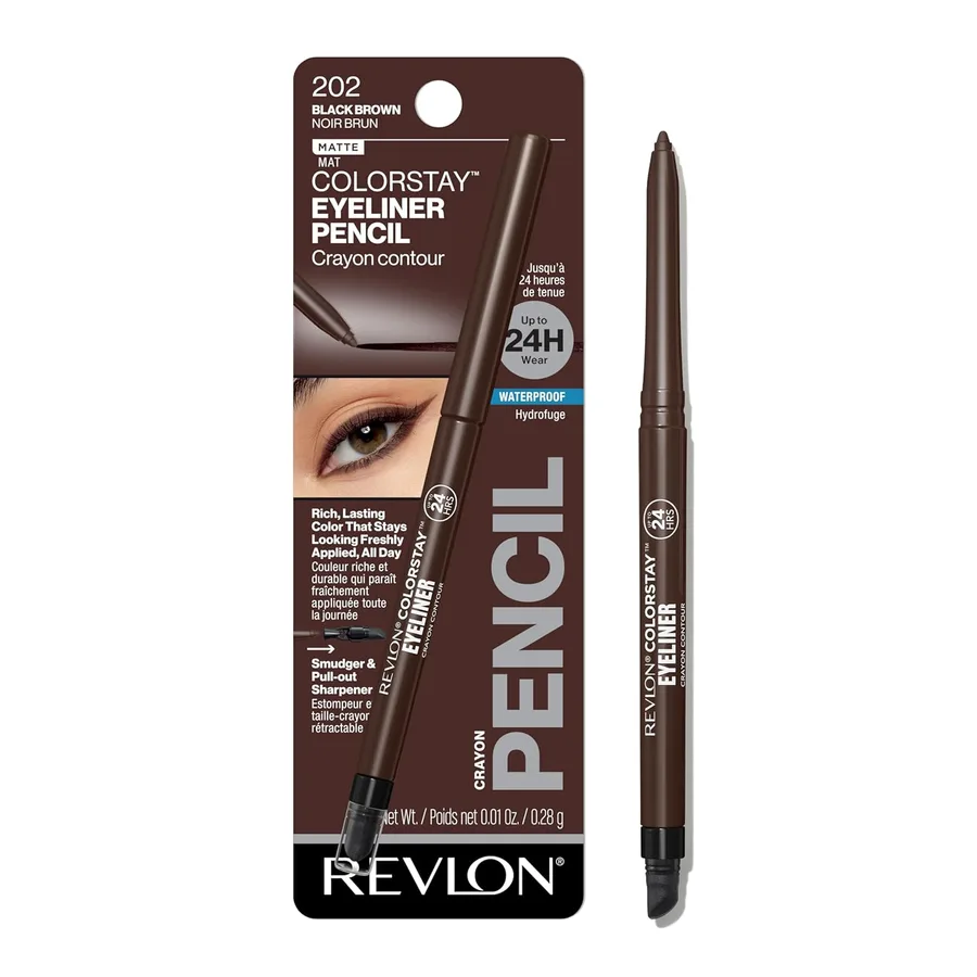 Revlon ColorStay Pencil Waterproof Eyeliner, 202 Black Brown, 0.01 oz | Waterproof pencil eyeliner with built-in sharpener. Smudge-proof, long-lasting, intense matte color.