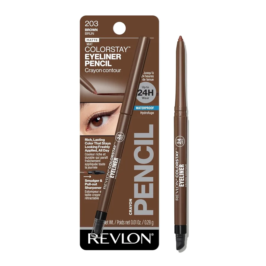 Revlon ColorStay Pencil Waterproof Eyeliner, 203 Brown, 0.01 oz | Waterproof pencil eyeliner with built-in sharpener. Smudge-proof, long-lasting, intense matte color.
