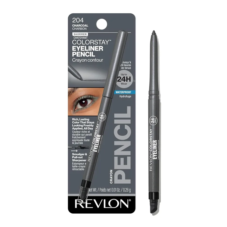 REVLON ColorStay Pencil Waterproof Eyeliner, 204 Charcoal, 0.01 oz | Waterproof pencil eyeliner with built-in sharpener. Smudge-proof, long-lasting, intense shimmer color.