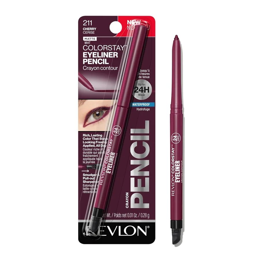 REVLON ColorStay Pencil Waterproof Eyeliner, 211 Cherry, 0.01 oz | Waterproof pencil eyeliner with built-in sharpener. Smudge-proof, long-lasting, intense matte color.