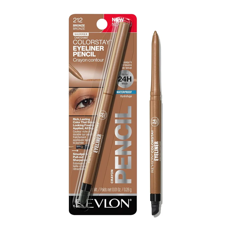 REVLON ColorStay Pencil Waterproof Eyeliner, 212 Bronze, 0.01 oz | Waterproof pencil eyeliner with built-in sharpener. Smudge-proof, long-lasting, intense shimmer color.