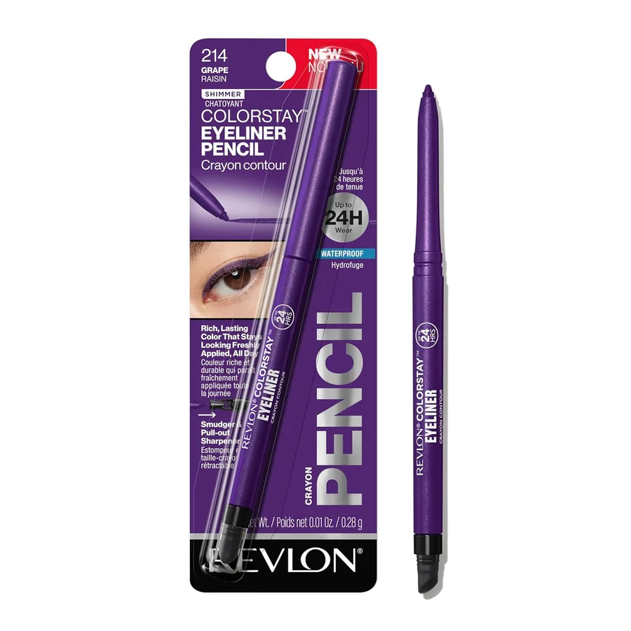 REVLON ColorStay Pencil Waterproof Eyeliner, 214 Grape, 0.01 oz | Waterproof pencil eyeliner with built-in sharpener. Smudge-proof, long-lasting, intense shimmer color.