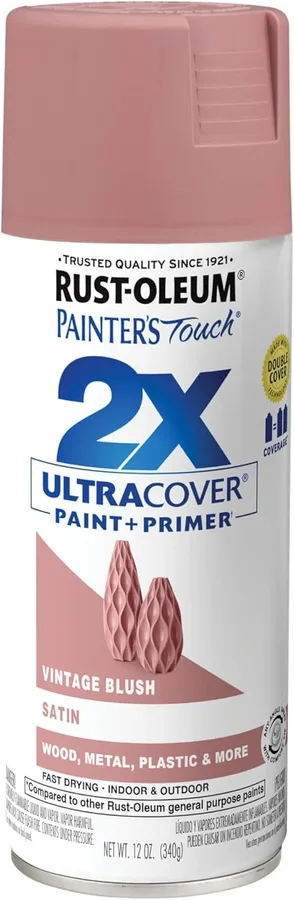 Rust-Oleum Painter's Touch 2X Ultra Cover Spray Paint, Satin Vintage Blush | Indoor and Outdoor Surfaces (Metal, Wood, Plastic), Fast Dry, Durable, Sprays from Any Angle, Comfort Tip, Oil Based