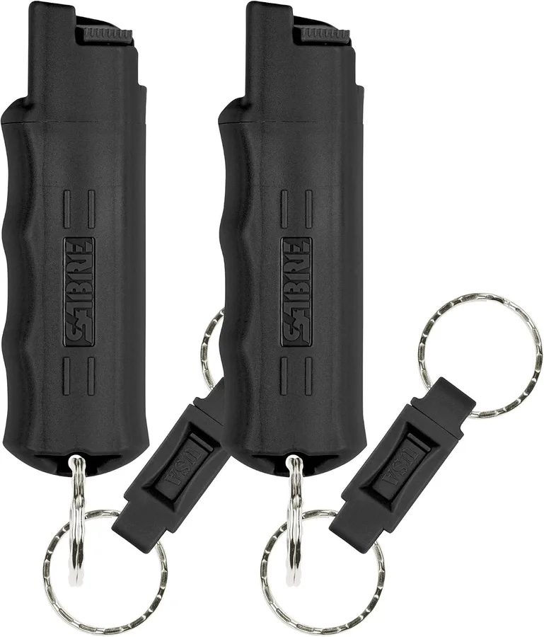 Sabre Pepper Spray with Quick Release Keychain for Self Defense – Maximum Police Strength OC Spray with UV Marking Dye, Twist Lock Safety, Finger Grip, 10‑Second Spray, 14‑ft Range, Made in USA