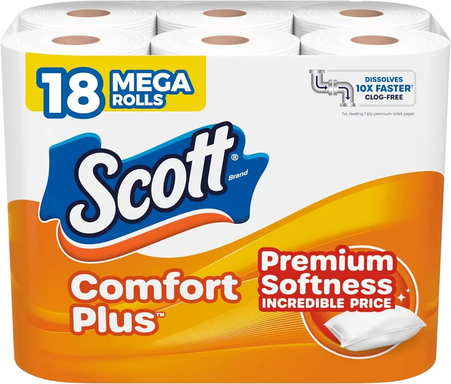 Scott ComfortPlus Toilet Paper, 18 Mega Rolls, 310 Sheets per Roll, Septic-Safe, 1-Ply Toilet Tissue