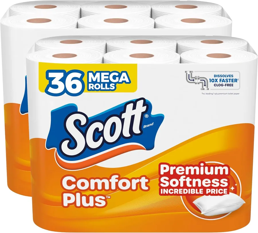 Scott ComfortPlus Toilet Paper, 2 Packs of 18 Mega Rolls, 310 Sheets per Roll, Septic-Safe, 1-Ply Toilet Tissue