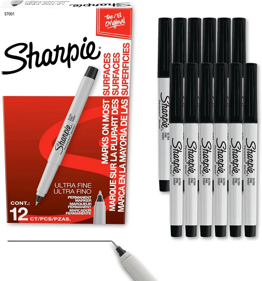 Sharpie Permanent Markers, Ultra Fine Tip, Black, 12 Count - Quick Drying, Fade Resistant