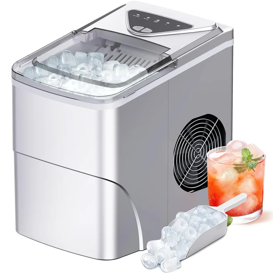 Silonn Ice Makers Countertop, 9 Cubes Ready in 6 Mins, Self-Cleaning Ice Machine with Ice Scoop and Basket, 26lbs in 24Hrs, 2 Sizes of Bullet Ice for Home Kitchen Office Bar Party, Sliver