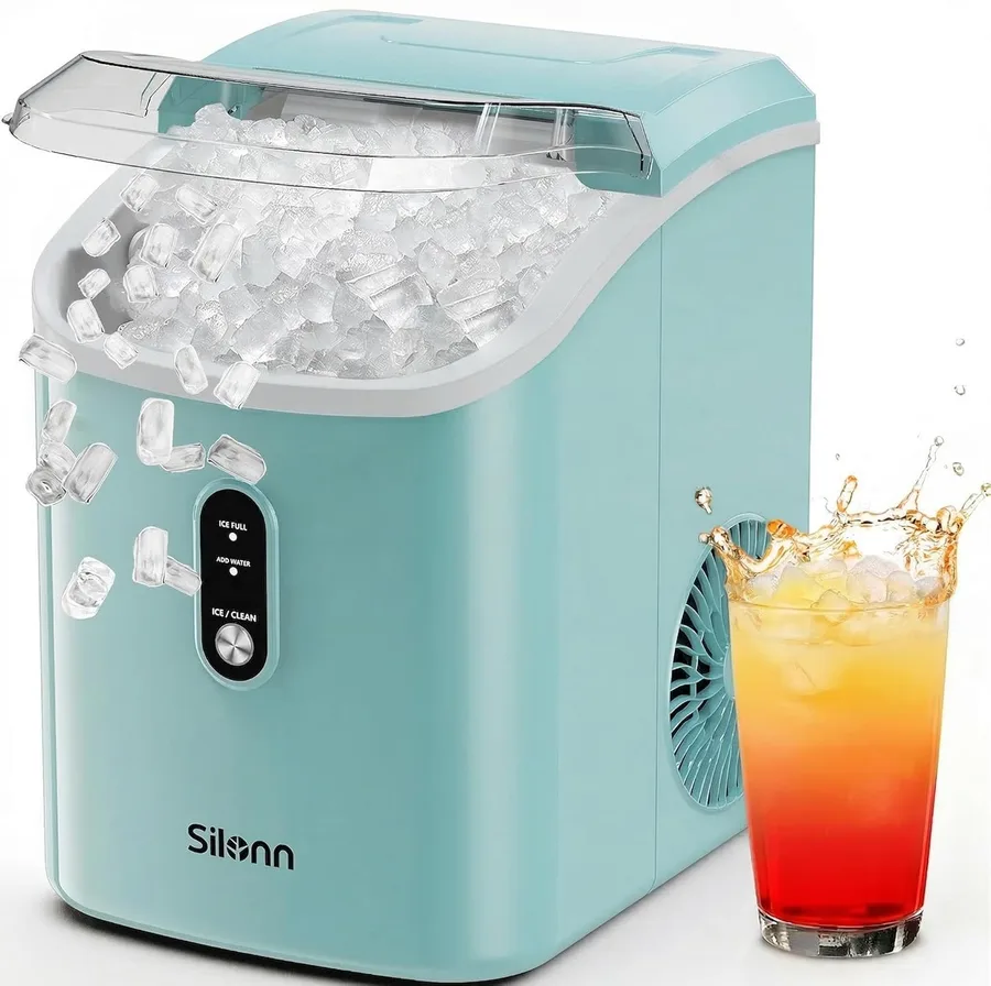 Silonn Nugget Ice Maker Countertop, Chewable Pellet Ice Machine with Self-Cleaning, Portable Pebble Ice Maker with Ice Scoop for Home, Kitchen & Office, Green