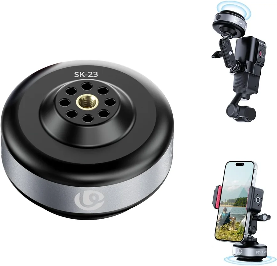 SK-23 Electric Camera Suction Cup Mount with 1/4" Screw Hole for GoPro Hero 13/12/11/10/9, Insta360 X5/X4, DJI Osmo Pocket 3/2 Action 5 Pro/4, and Most Small Camera/Action Camera/Phone