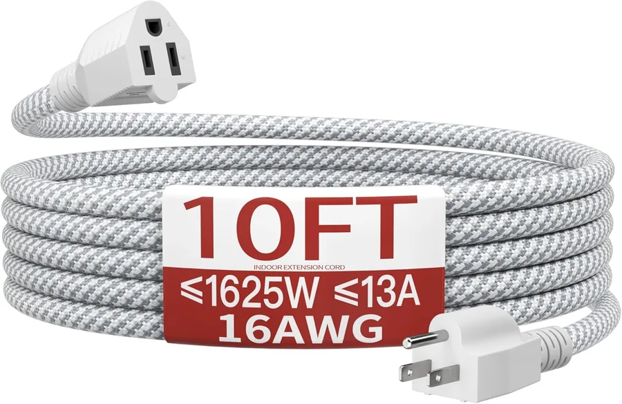 Skrizcable 16/3 10 FT Braided Extension Cord Indoor, 3 Prong Power Cable | 10FT Braided Extension Cord Flexible & Durable, Suitable for Home and Office, 13 Amp 1625 Watt 125VAC 16AWG, ETL Listed