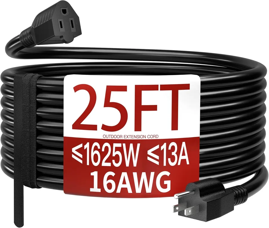 Skrizcable 16/3 25 FT Outdoor Extension Cord Waterproof, Black Power Cord | Weatherproof & Flame Retardant, 25 Foot Appliance Extension Cord Outside for Lawn & Garden, 13A 1625W 16AWG SJTW, ETL Listed