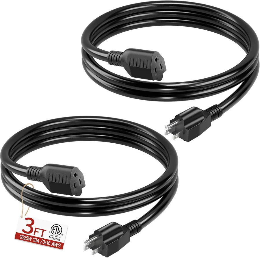 Skrizcable 16/3 Short Extension Cord 3FT 2Pack, Black Extension Cord Indoor | Black 3FT 2Pack 3 Prong Power Cable, Suitable for Home and Office, 13 Amp 1625 Watt 125VAC 16AWG, ETL Listed