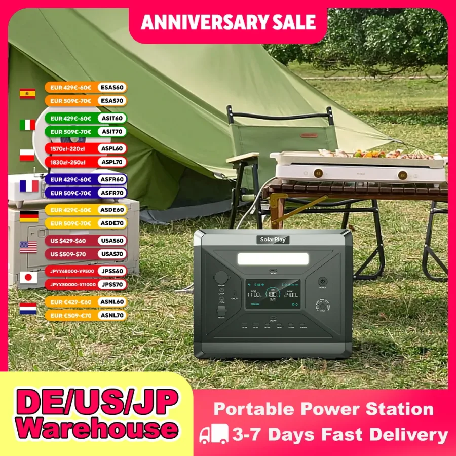SOLARPLAY Q2501 Portable Power Station 2160WH LiFePO4 Battery with 2400W (4800W Peak) AC Output Solar Generator for Garden Party