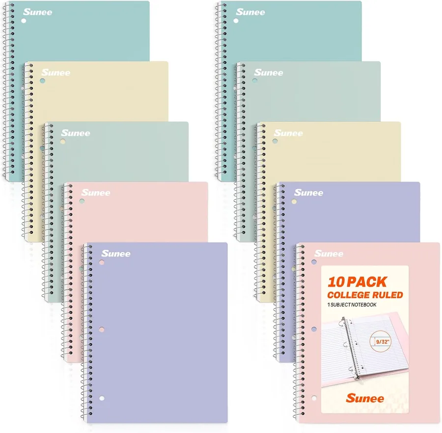 SUNEE Spiral Notebooks, 1-Subject, 10 Pack, College Ruled Paper, 8" x 10-1/2", 70 Sheets per Notebook,3-Hole Punched Paper, Pink,Purple, Blue, Green, Yellow Spiral Lined Notebooks for School,Work