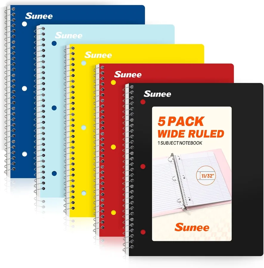 SUNEE Spiral Notebooks, 1-Subject, 5 Pack, Wide Ruled Paper, 8" x 10-1/2", 70 Sheets per Notebook, 3-Hole Punched Paper, Spiral Lined Notebooks for School, Work, Classic Colors