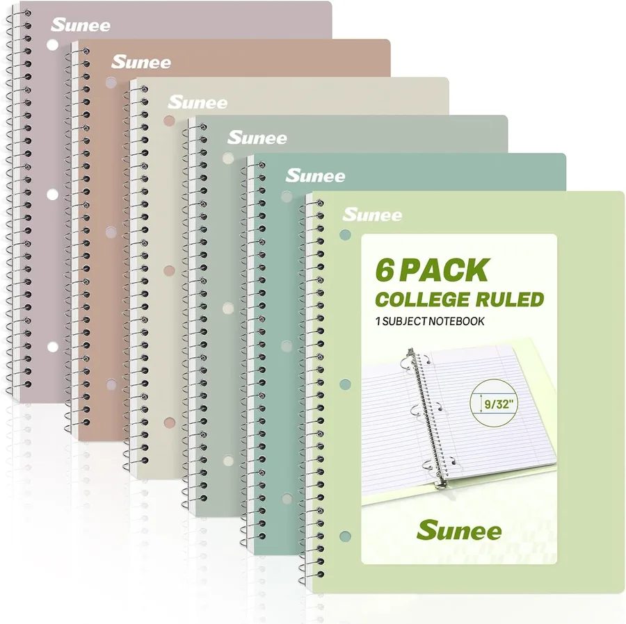 SUNEE Spiral Notebooks, 6 Pack, 1-Subject, College Ruled Paper, 8" x 10-1/2", 70 Sheets per Notebook, Assorted Aesthetic Colors Spiral Notebooks for School