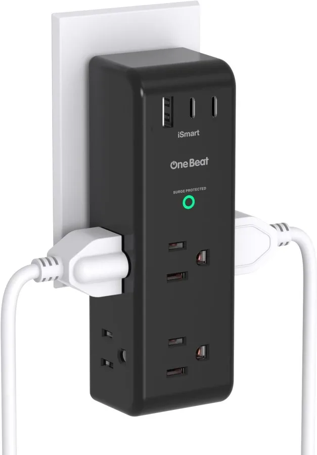 Surge Protector Outlet Extender with Rotating Plug, 6 AC Multi Plug Outlet with 3 USB Ports (2 USB C), 1800J Wall Charger Swivel Power Adapter with Spaced Outlet Splitter for Home Office Dorm, Black