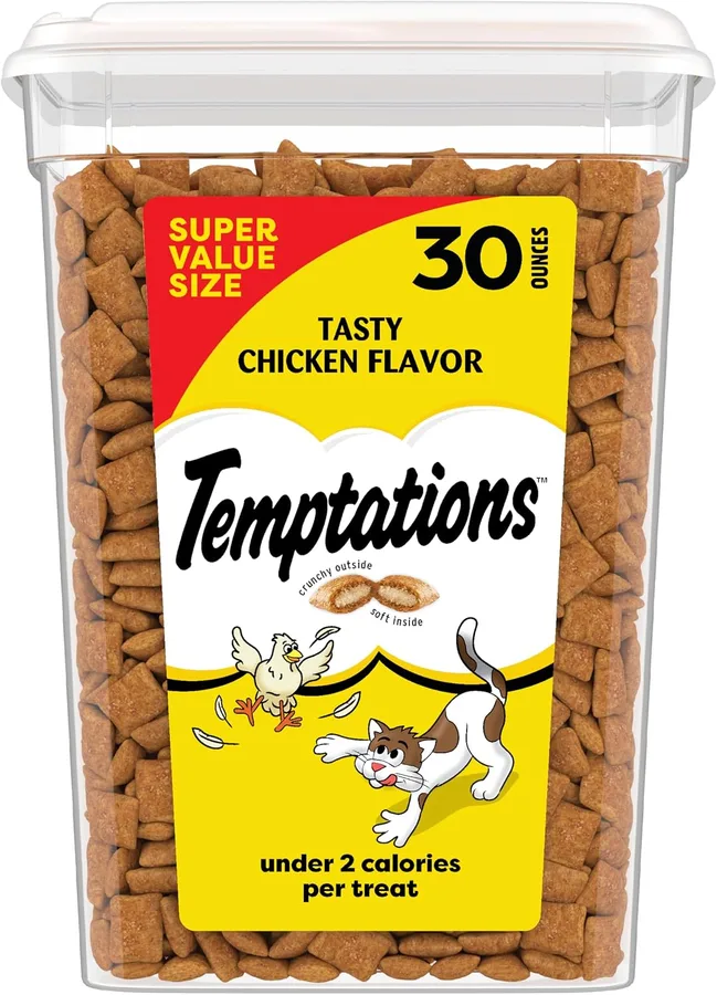 Temptations Classic Crunchy and Soft Cat Treats, Tasty Chicken, 30 oz | Under 2 calories per treat, crunchy outside & soft inside, resealable tub, use as meal or topper, 100% complete & balanced