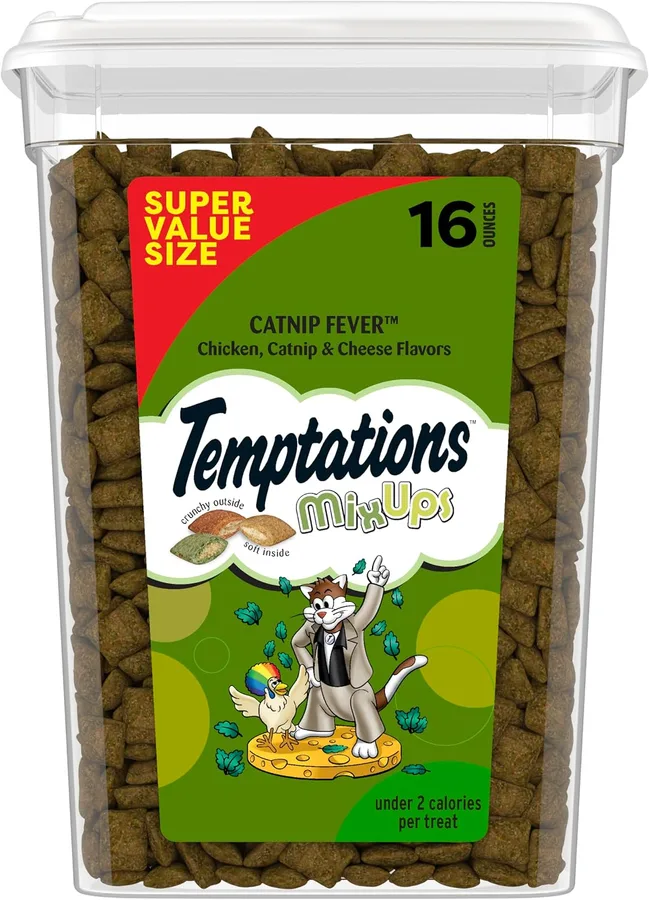 Temptations MixUps Crunchy and Soft Cat Treats, Catnip Fever, 16 oz | Under 2 calories per treat, no artificial flavors, 100% complete & balanced for adult cats, resealable stay-fresh tub