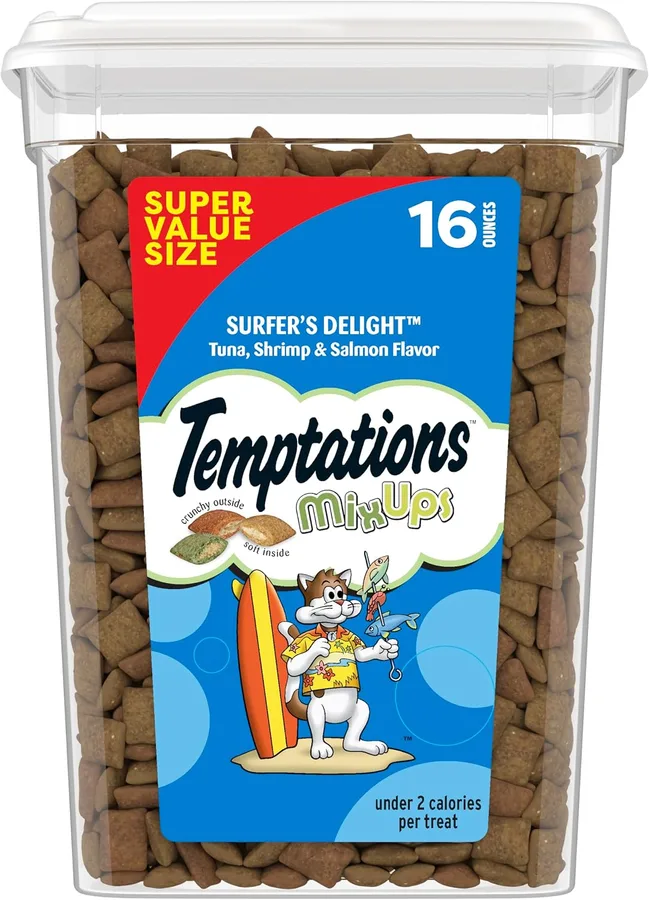 Temptations MixUps Crunchy Cat Treats, Surfer's Delight, 16 oz | Tuna, Shrimp & Salmon flavors, crunchy & soft texture, under 2 cal/treat, no artificial flavors, resealable tub