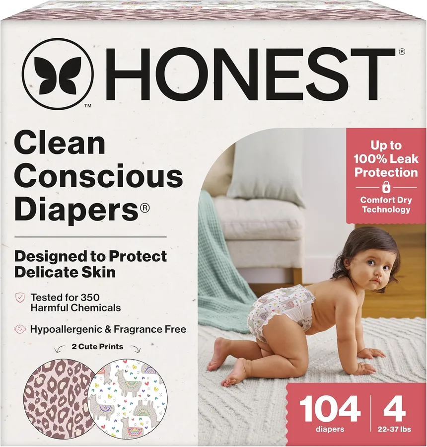 The Honest Company Daytime Diapers, All the Alpacas, Size 4, 104ct