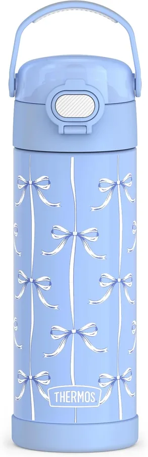 THERMOS FUNTAINER Water Bottle with Spout, 16oz, Blue Bows | Kids Stainless Steel Insulated Water Bottle, Keeps Drinks Cold Longer for School & Play, BPA-Free